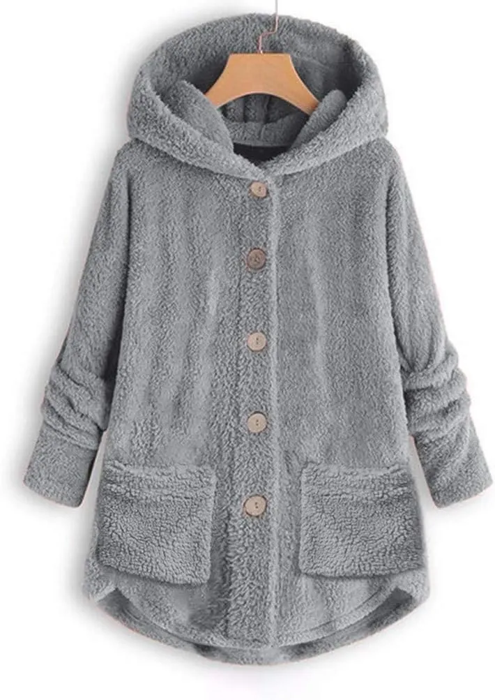 Sherpa Jacket Women Fuzzy Fleece Button Down Long Sleeve Casual Plush Cardigans Jacket Open Front Soft Hooded Coat