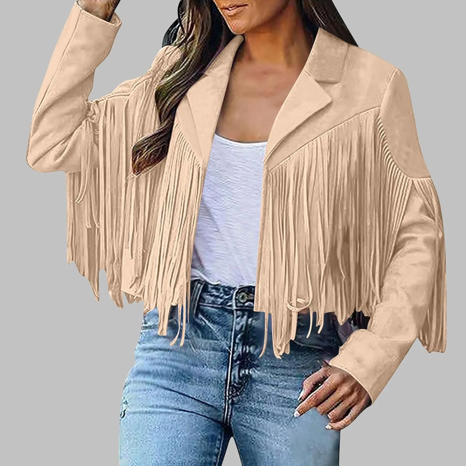 Sinzelimin Women's Crop Suit Jackets Fashion Tassels Cardigan Coat Faux Suede Leather Cowboy Style Long Sleeves Clubwear Coat