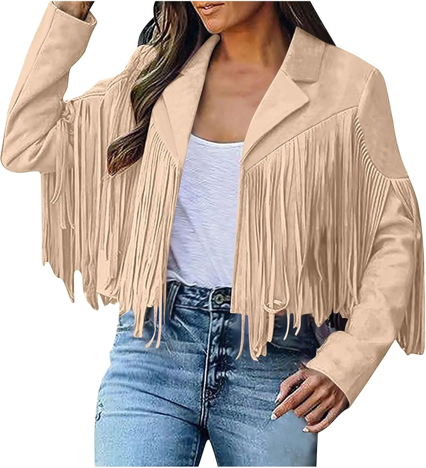 Sinzelimin Women's Crop Suit Jackets Fashion Tassels Cardigan Coat Faux Suede Leather Cowboy Style Long Sleeves Clubwear Coat