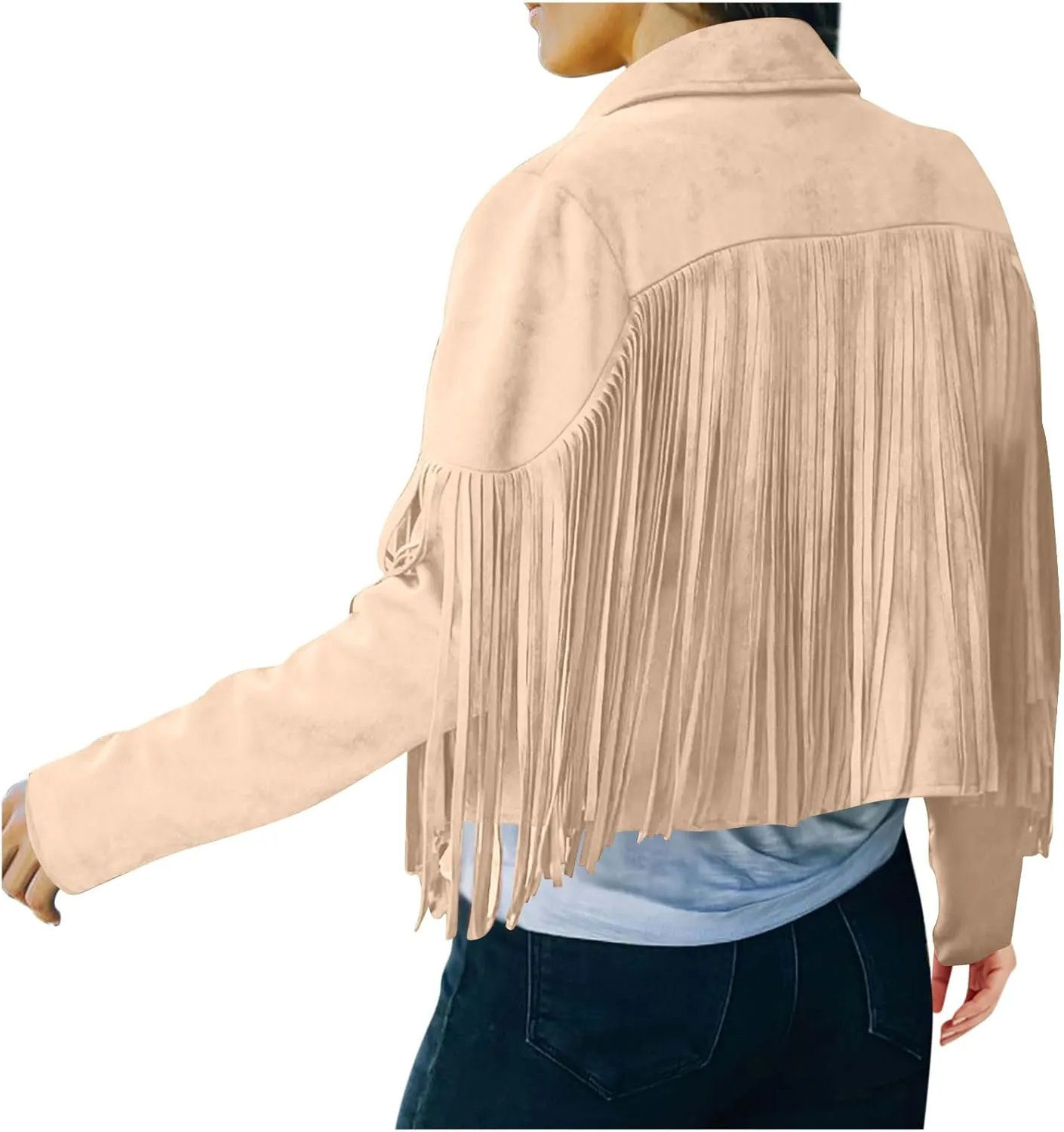 Sinzelimin Women's Crop Suit Jackets Fashion Tassels Cardigan Coat Faux Suede Leather Cowboy Style Long Sleeves Clubwear Coat