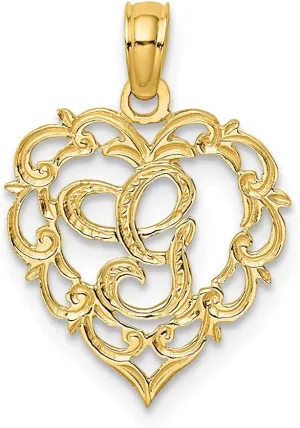 Solid 14k Yellow Gold G Script Initial Letter In Heart Alphabet Charm Pendant - 14mm x 14mm