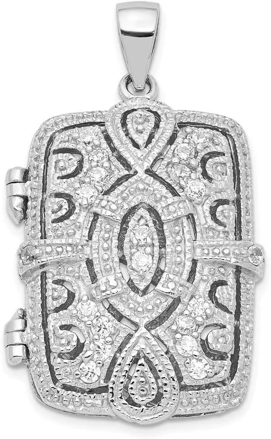 Solid 925 Sterling Silver CZ Cubic Zirconia Oval Design Princess Cut Locket Pendant Charm - 35mm x 19mm