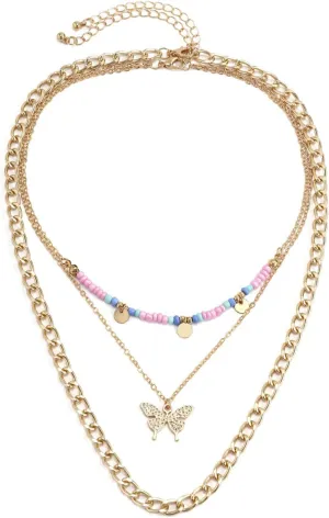 Stacked Jewelry Necklaces for Women, Cuban Beaded Butterfly 3 Layer Layered Necklaces Gold