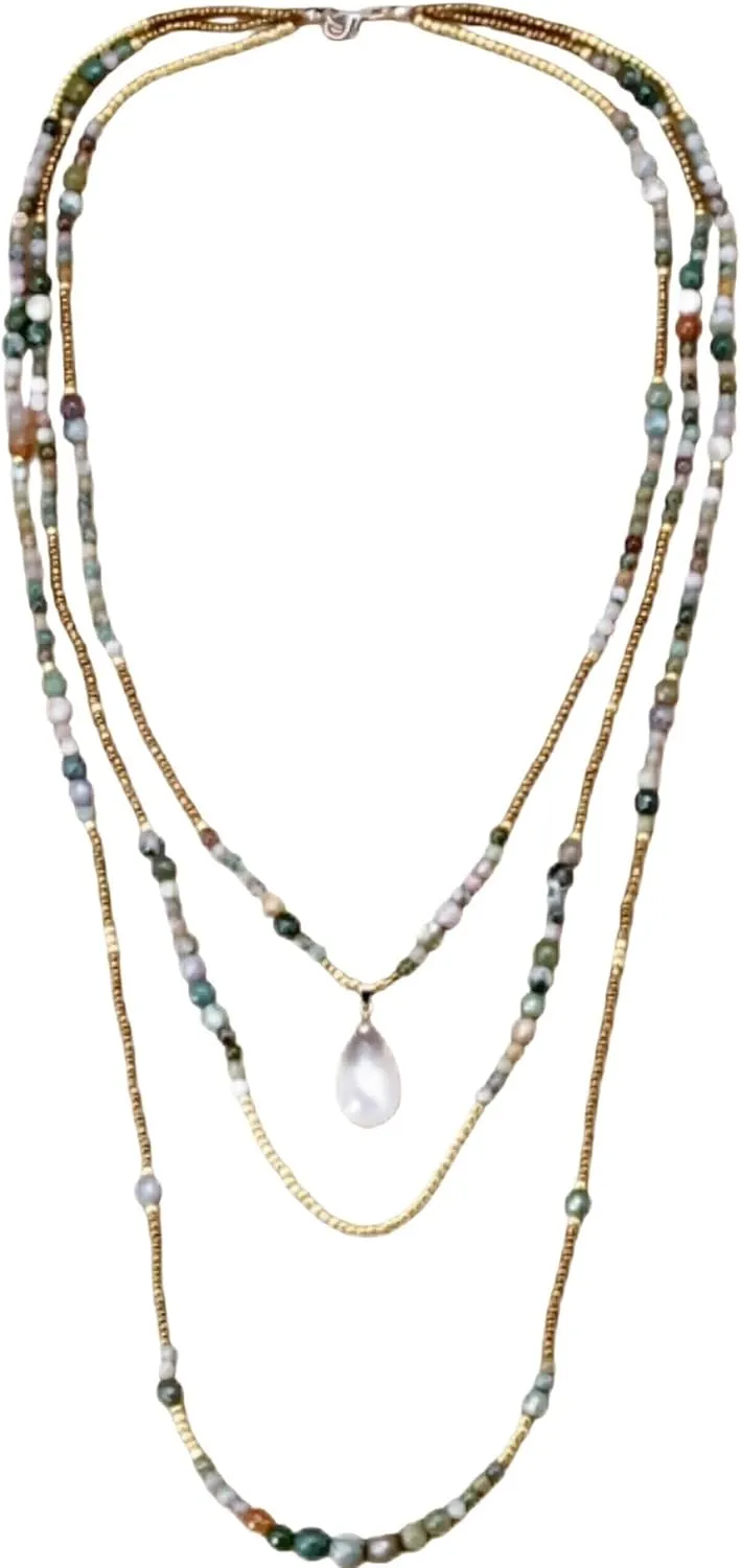 Stacking Layering Necklaces - India with Seed Beads Teardrop Pendant 3 Layered Necklace Beaded Necklaces