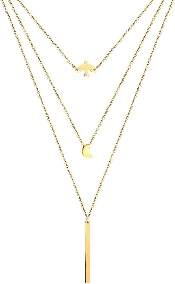 Stainless Steel Moon Pendant Necklaces For Women Three Layer Vertical Bar Choker Necklaces Jelry