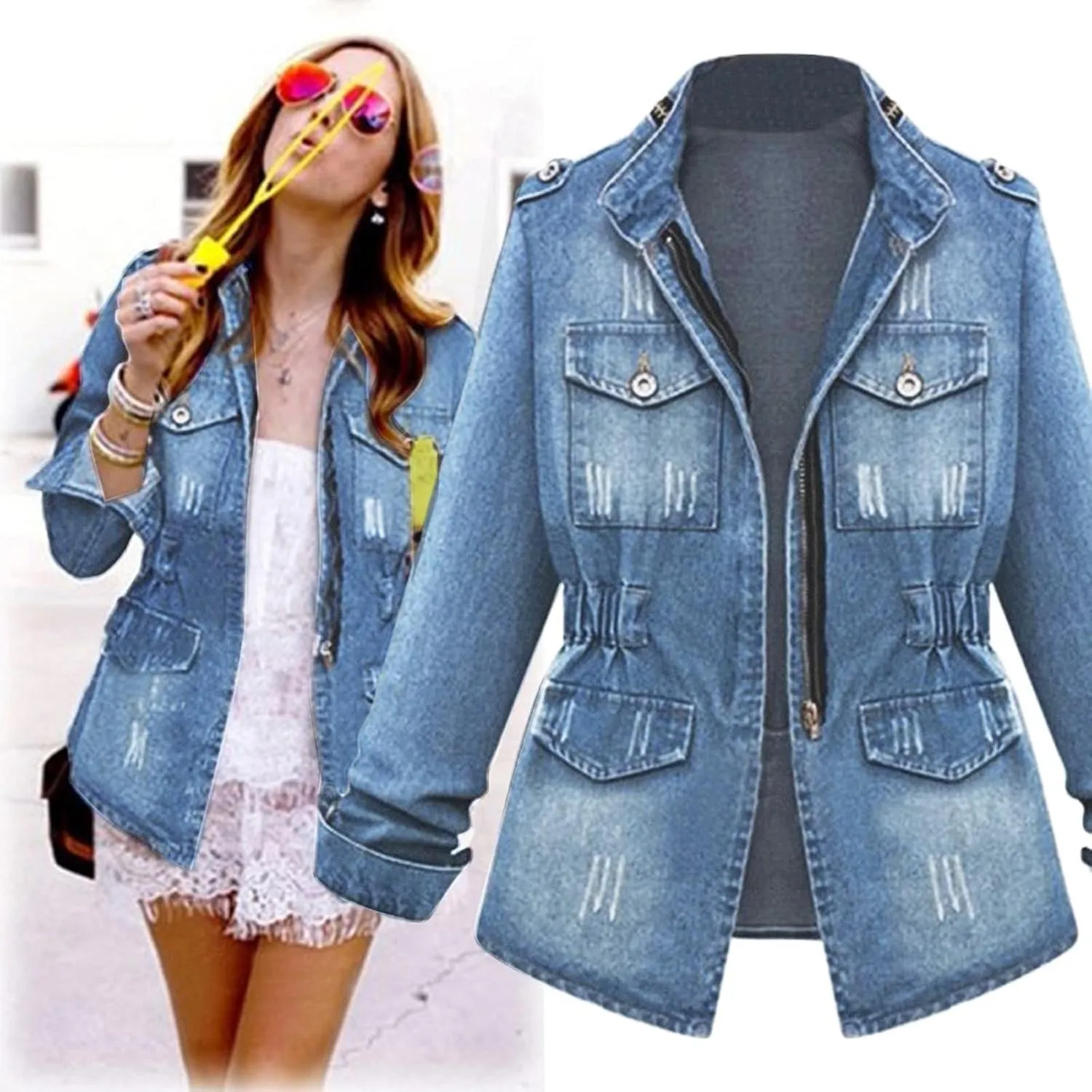Stylish Casual Women's Jean Jacket Dressy Long Sleeve Plus Size Trendy Denim Outcoat - Fall/Winter