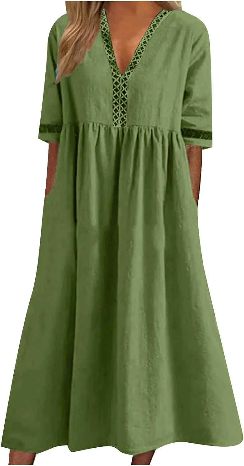 Summer Plus Size Cotton Linen Dress for Womens Loose Short Sleeve Midi Flowy Dresses Lace Edge Loose Ruffle Sundress