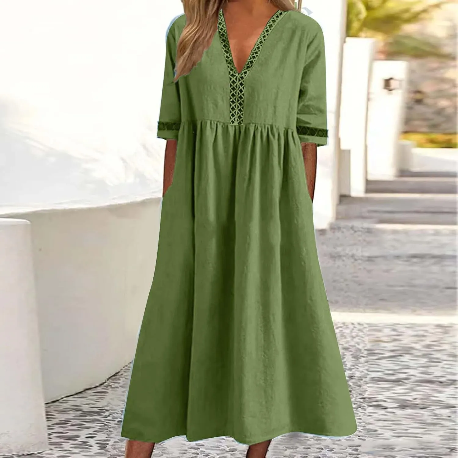 Summer Plus Size Cotton Linen Dress for Womens Loose Short Sleeve Midi Flowy Dresses Lace Edge Loose Ruffle Sundress