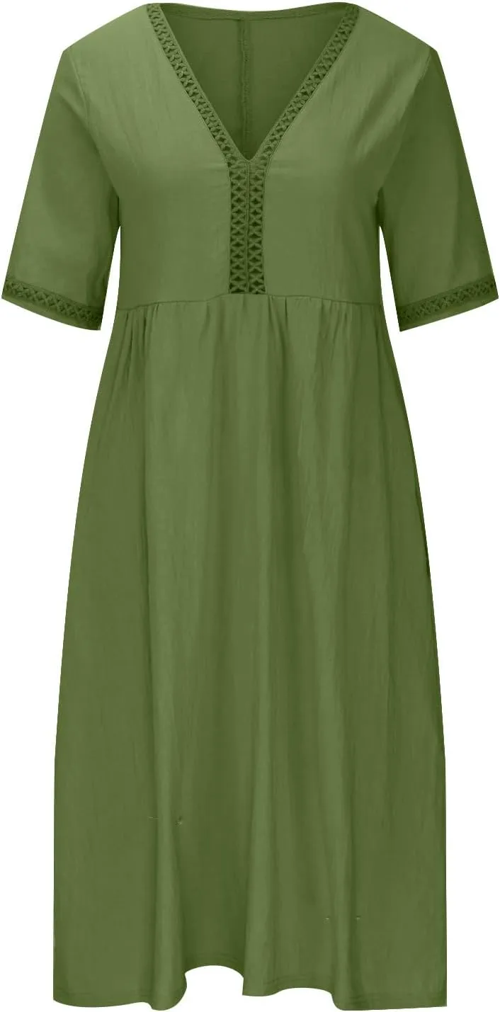 Summer Plus Size Cotton Linen Dress for Womens Loose Short Sleeve Midi Flowy Dresses Lace Edge Loose Ruffle Sundress