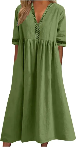 Summer Plus Size Cotton Linen Dress for Womens Loose Short Sleeve Midi Flowy Dresses Lace Edge Loose Ruffle Sundress