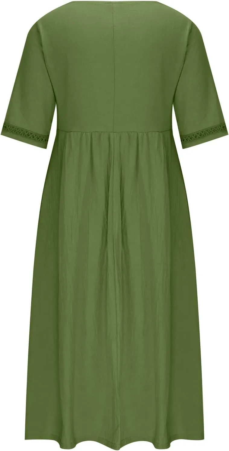 Summer Plus Size Cotton Linen Dress for Womens Loose Short Sleeve Midi Flowy Dresses Lace Edge Loose Ruffle Sundress