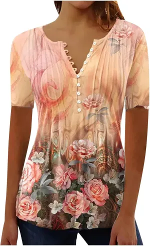 Summer Tops for Women 2025 Trendy Boho Floral Print Tunic Shirts Short Sleeve Button V Neck Tshirt Casual Blouse