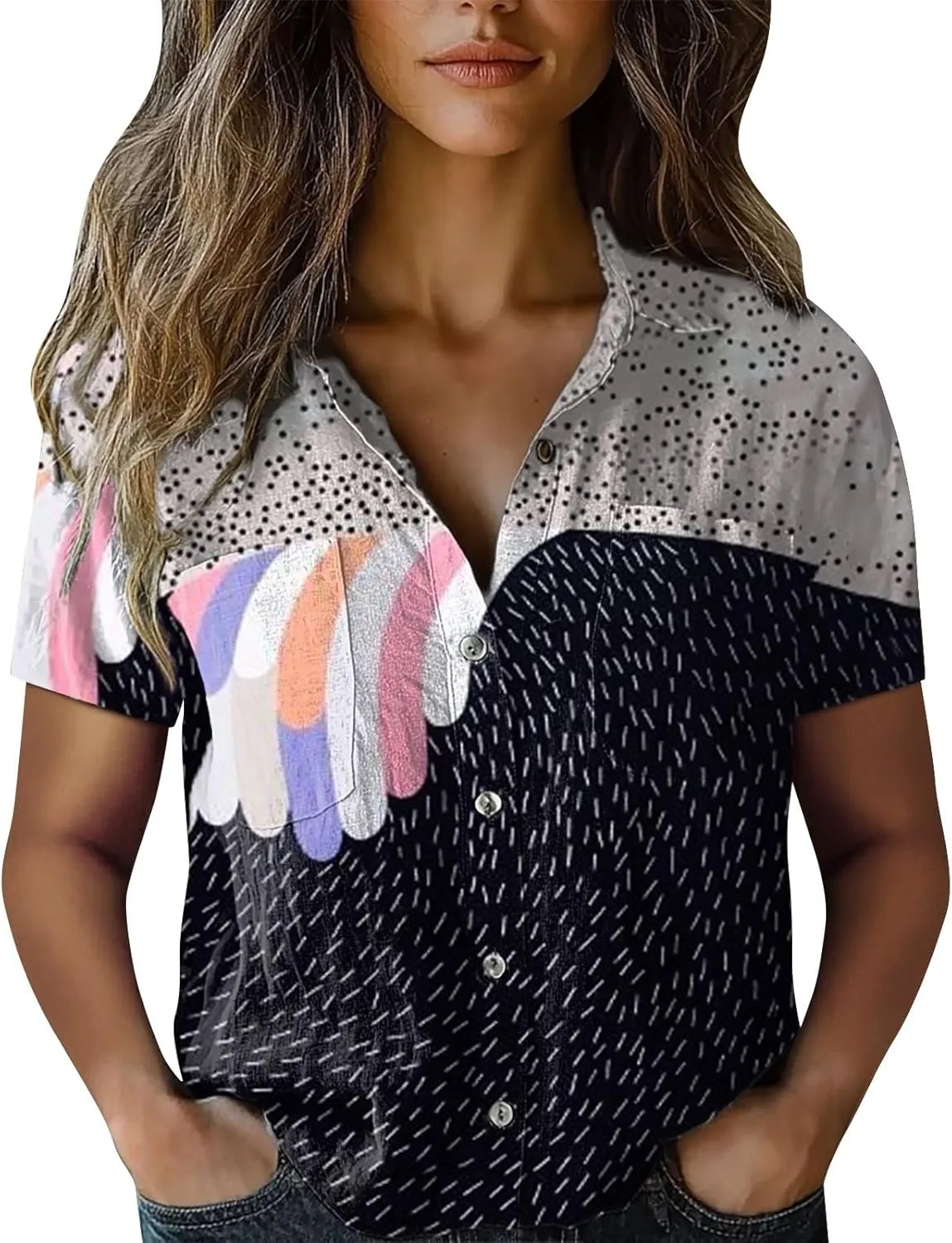 Summer Tops for Women 2025 Trendy V Neck Collared Button-up Gauze Colorful Stripe Print Tops Fashion 2025