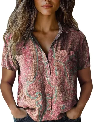 Summer Tops for Women 2025 Trendy V Neck Collared Button-up Gauze Colorful Stripe Print Tops Fashion 2025