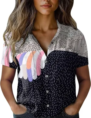 Summer Tops for Women 2025 Trendy V Neck Collared Button-up Gauze Colorful Stripe Print Tops Fashion 2025