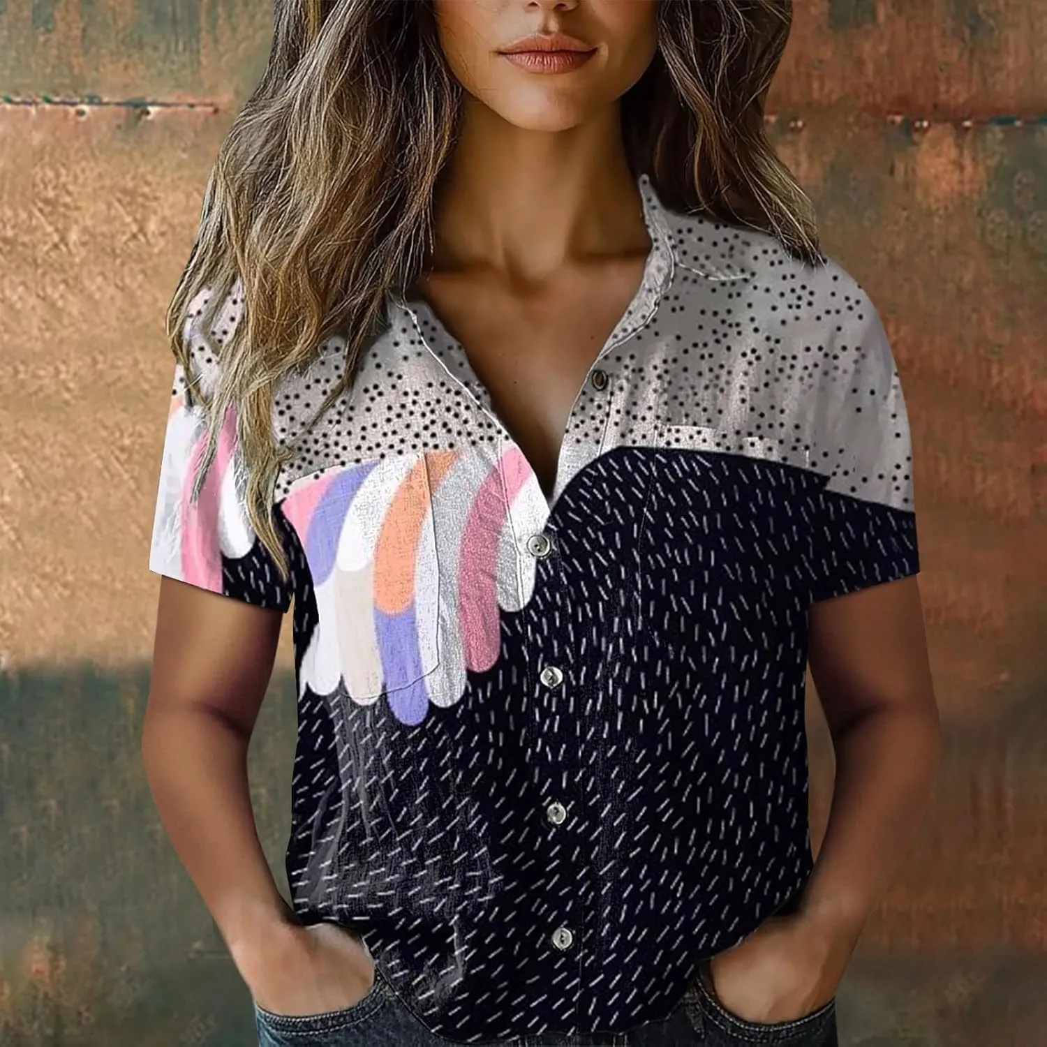 Summer Tops for Women 2025 Trendy V Neck Collared Button-up Gauze Colorful Stripe Print Tops Fashion 2025