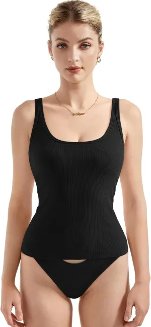 SUUKSESS Women Padded Ribbed Long Tank Tops Summer Going Out Basic Scoop Neck Cami Tops