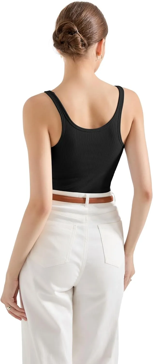 SUUKSESS Women Padded Ribbed Long Tank Tops Summer Going Out Basic Scoop Neck Cami Tops