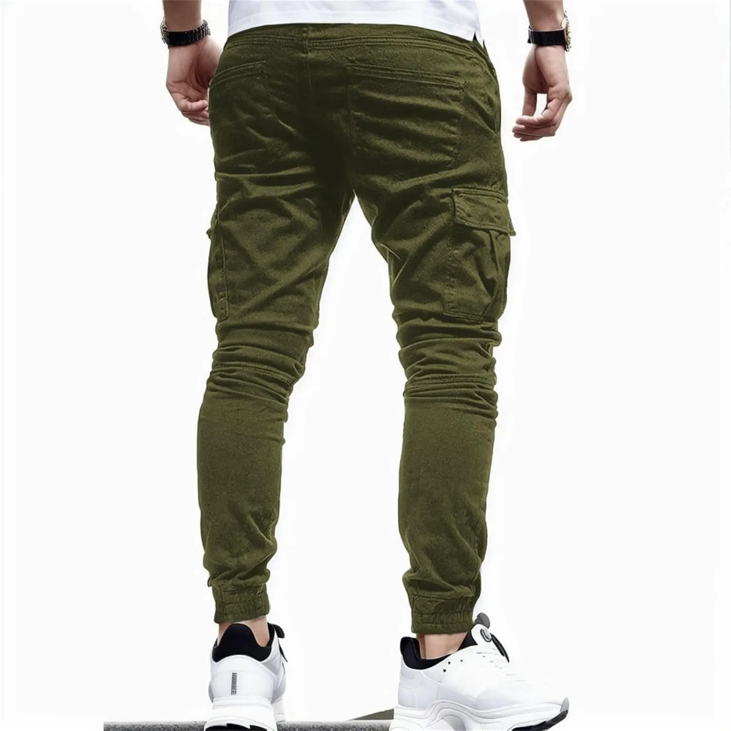 Sweatpants for Men Fashion Personalized Casual Solid Color Tie Multi-Pocket Drawstring Cargo Pants Trousers