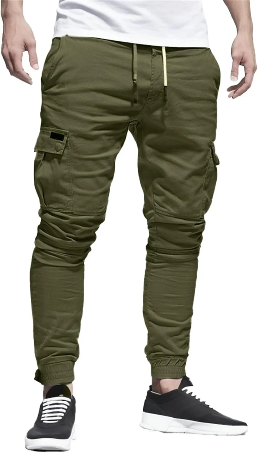Sweatpants for Men Fashion Personalized Casual Solid Color Tie Multi-Pocket Drawstring Cargo Pants Trousers