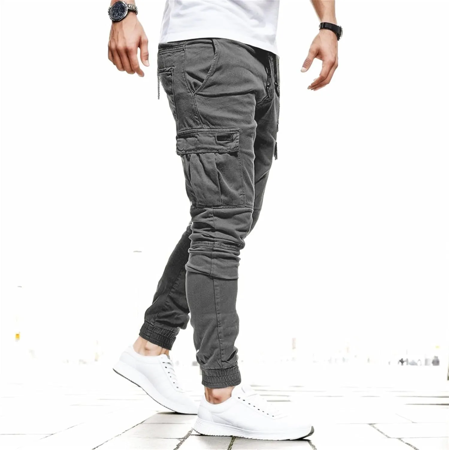 Sweatpants for Men Fashion Personalized Casual Solid Color Tie Multi-Pocket Drawstring Cargo Pants Trousers