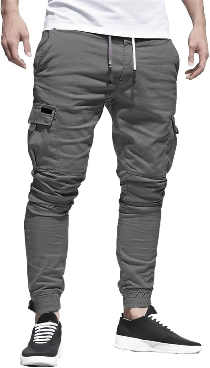 Sweatpants for Men Fashion Personalized Casual Solid Color Tie Multi-Pocket Drawstring Cargo Pants Trousers