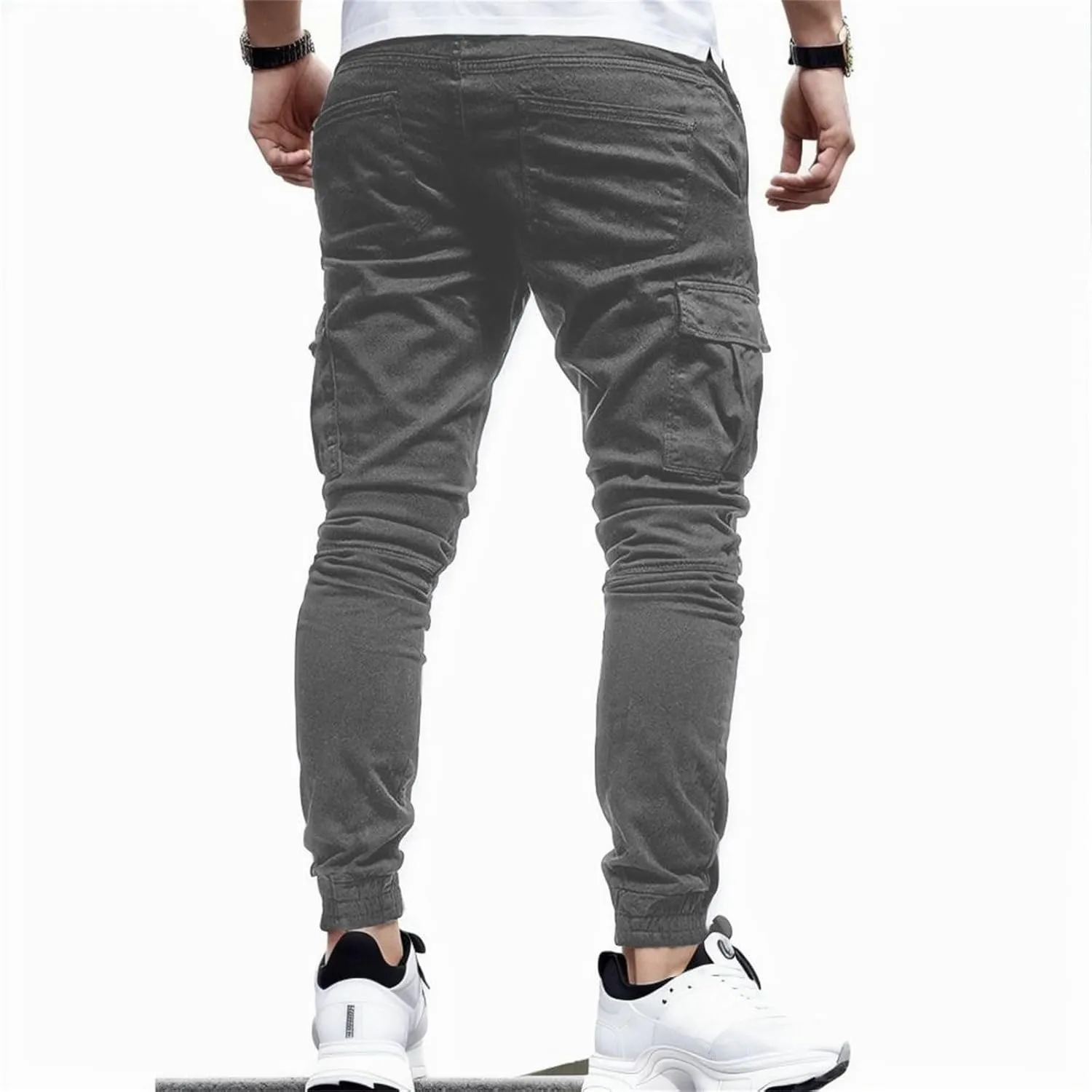 Sweatpants for Men Fashion Personalized Casual Solid Color Tie Multi-Pocket Drawstring Cargo Pants Trousers
