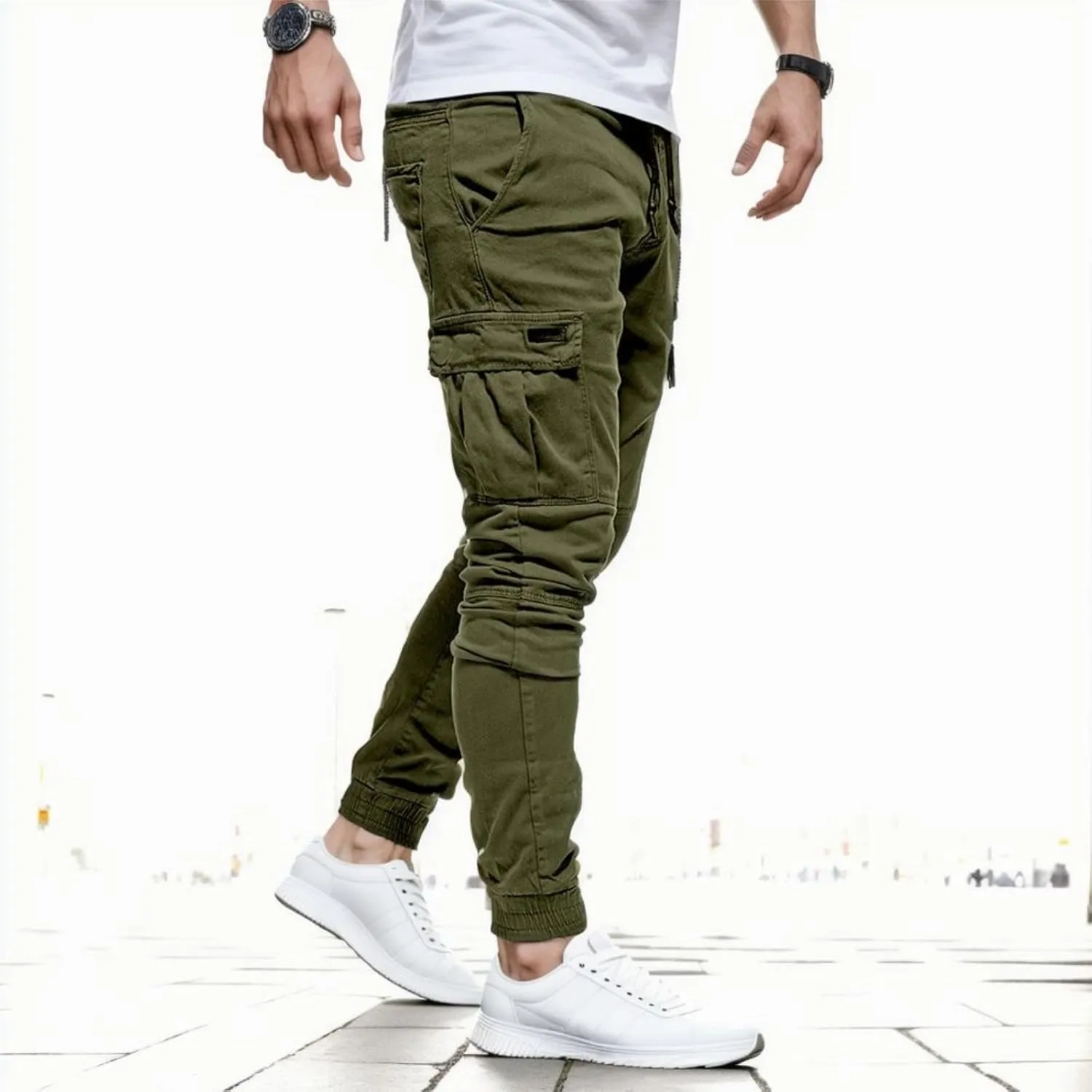 Sweatpants for Men Fashion Personalized Casual Solid Color Tie Multi-Pocket Drawstring Cargo Pants Trousers