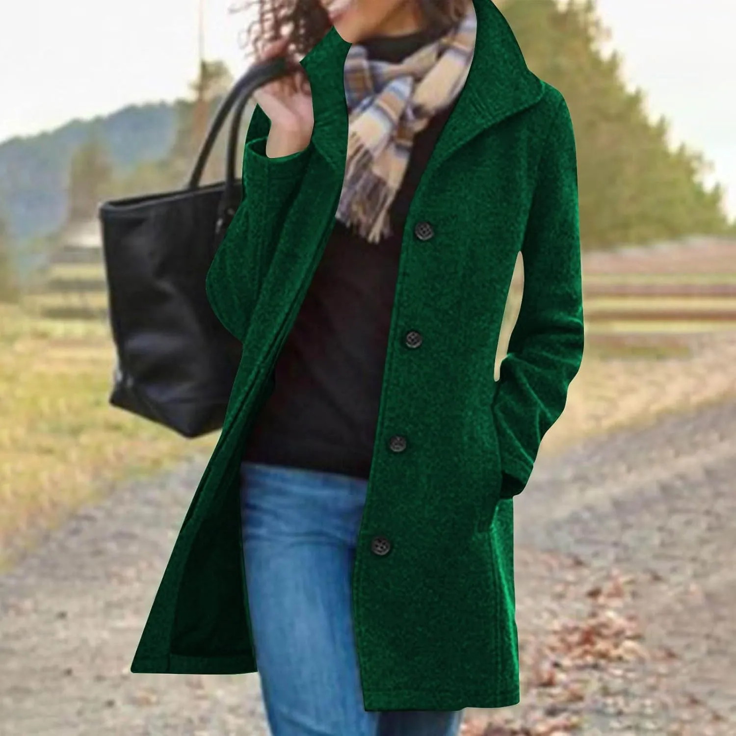 TANGNADE Women Stand Collar Single Breasted Mid Long Length Wool Blend Coat Business Peacoat Winter Warm Pea Coats Pocket