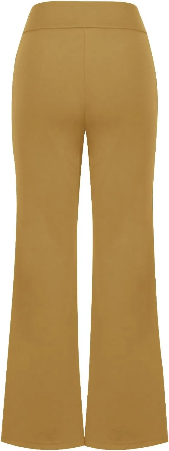 TANGNADE Women's Flare Cropped Work Pants Elastic High Waist Wide Leg Casual Slacks with Pocket Business Trousers