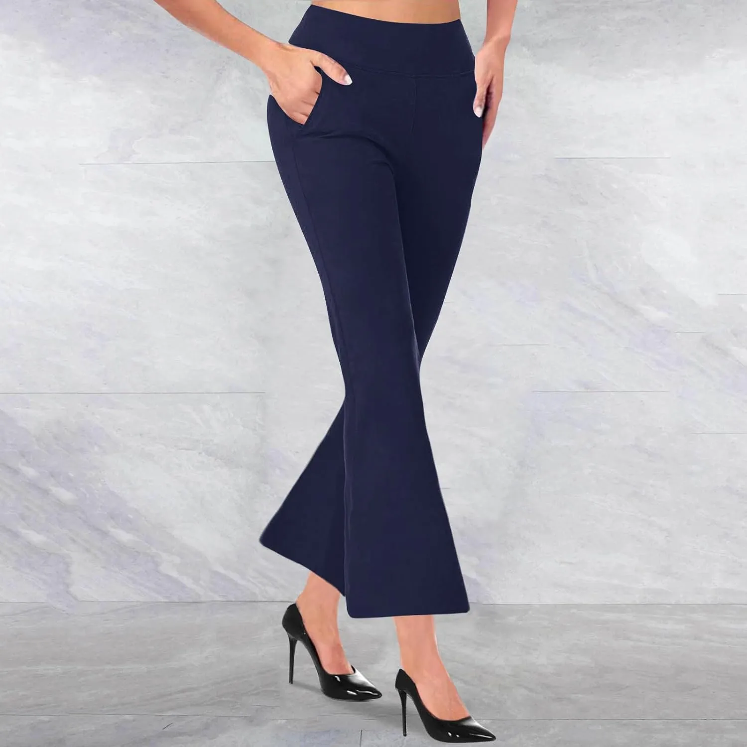 TANGNADE Women's Flare Cropped Work Pants Elastic High Waist Wide Leg Casual Slacks with Pocket Business Trousers