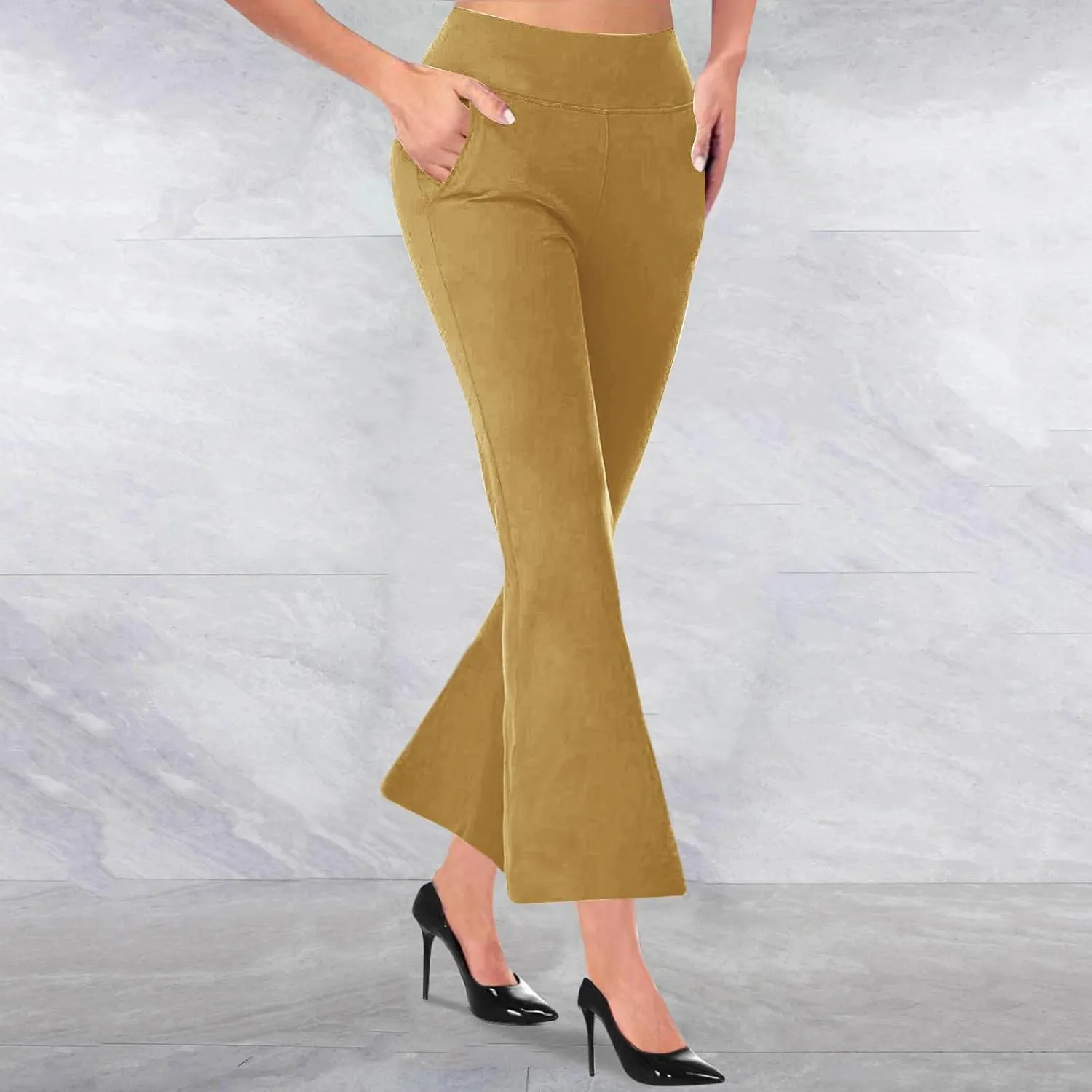 TANGNADE Women's Flare Cropped Work Pants Elastic High Waist Wide Leg Casual Slacks with Pocket Business Trousers