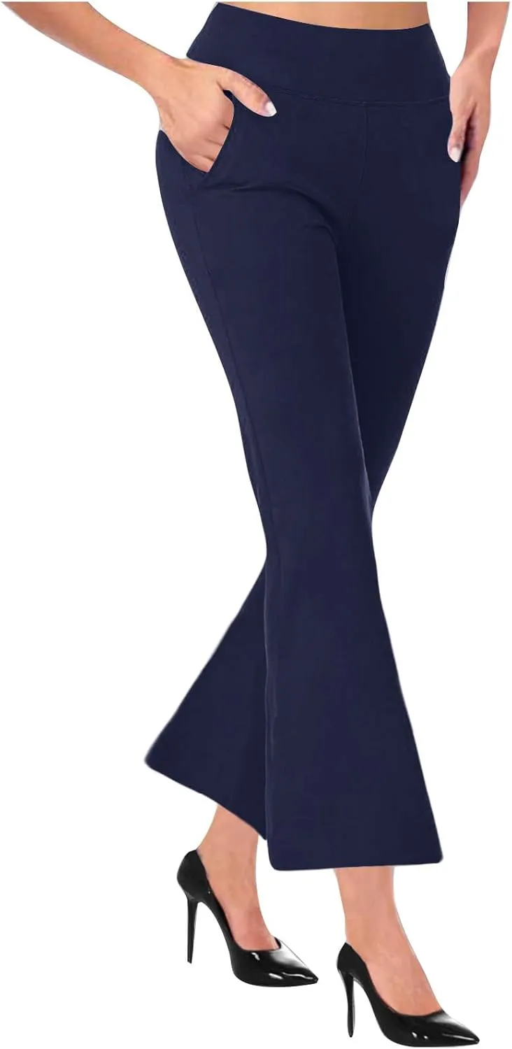 TANGNADE Women's Flare Cropped Work Pants Elastic High Waist Wide Leg Casual Slacks with Pocket Business Trousers