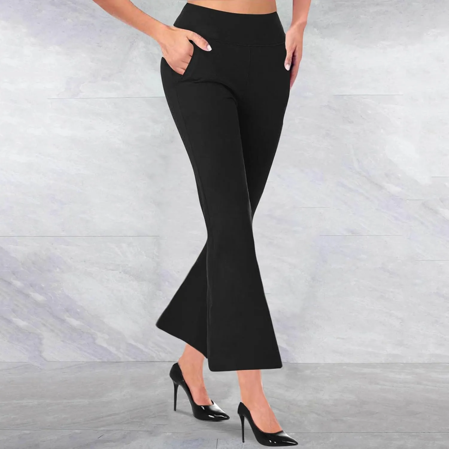 TANGNADE Women's Flare Cropped Work Pants Elastic High Waist Wide Leg Casual Slacks with Pocket Business Trousers