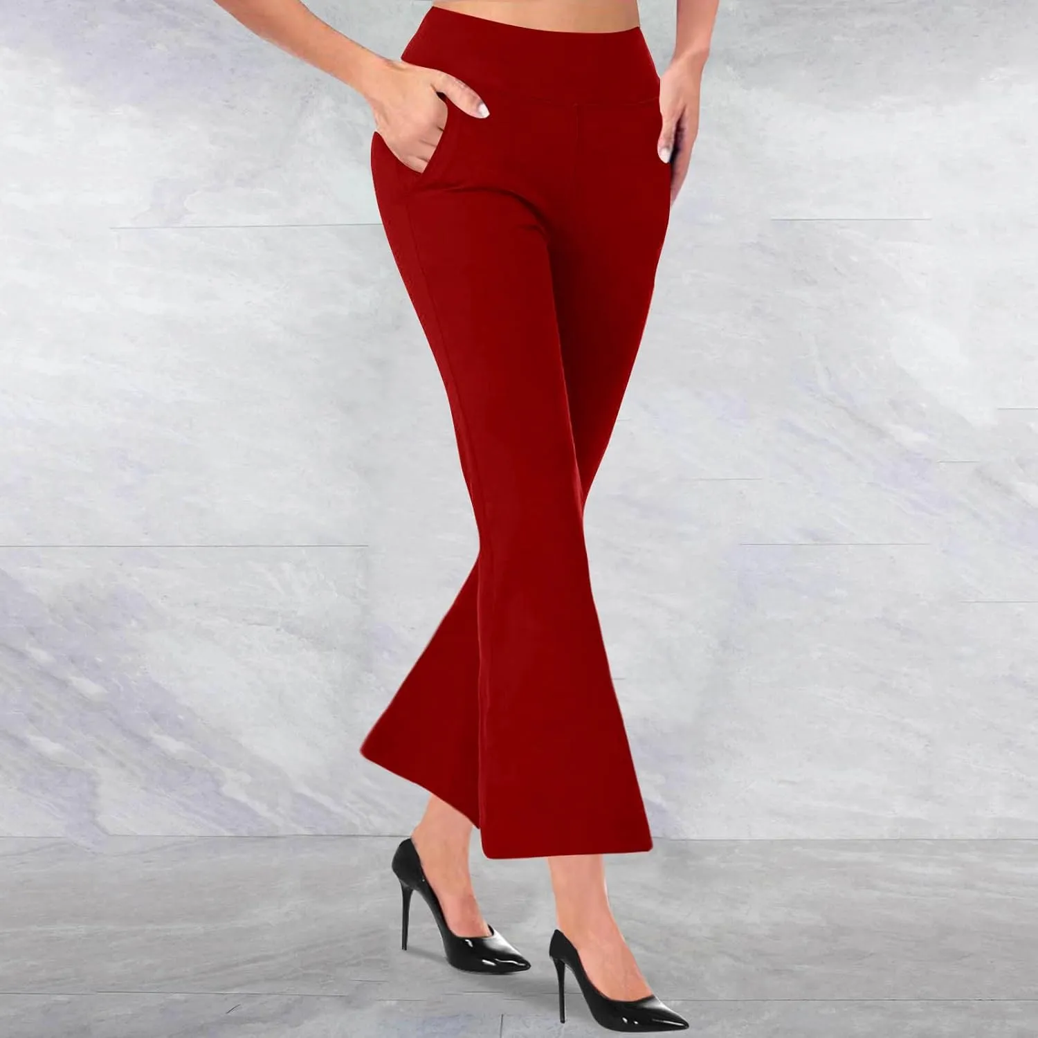 TANGNADE Women's Flare Cropped Work Pants Elastic High Waist Wide Leg Casual Slacks with Pocket Business Trousers