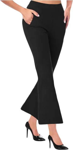 TANGNADE Women's Flare Cropped Work Pants Elastic High Waist Wide Leg Casual Slacks with Pocket Business Trousers