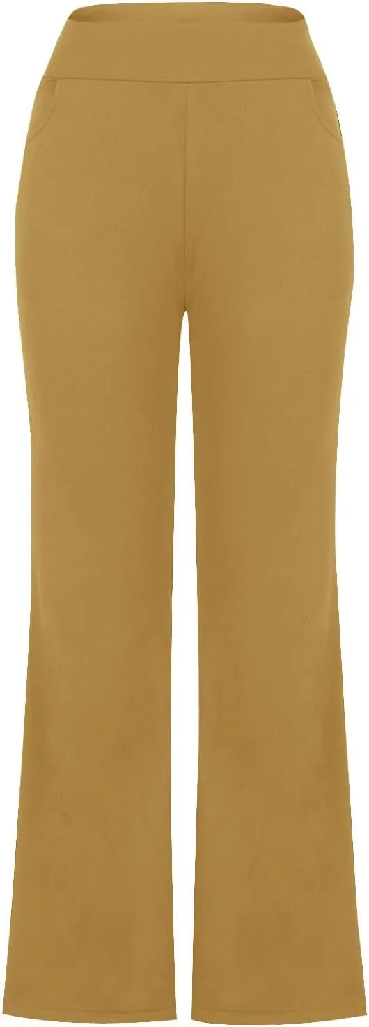 TANGNADE Women's Flare Cropped Work Pants Elastic High Waist Wide Leg Casual Slacks with Pocket Business Trousers