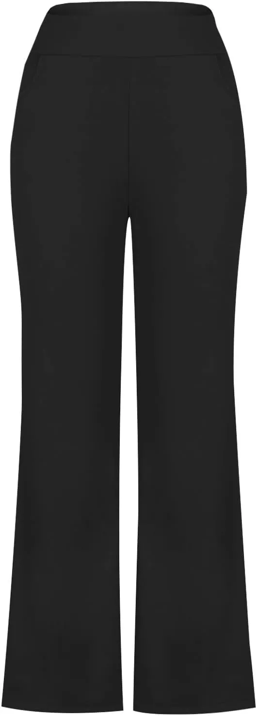 TANGNADE Women's Flare Cropped Work Pants Elastic High Waist Wide Leg Casual Slacks with Pocket Business Trousers