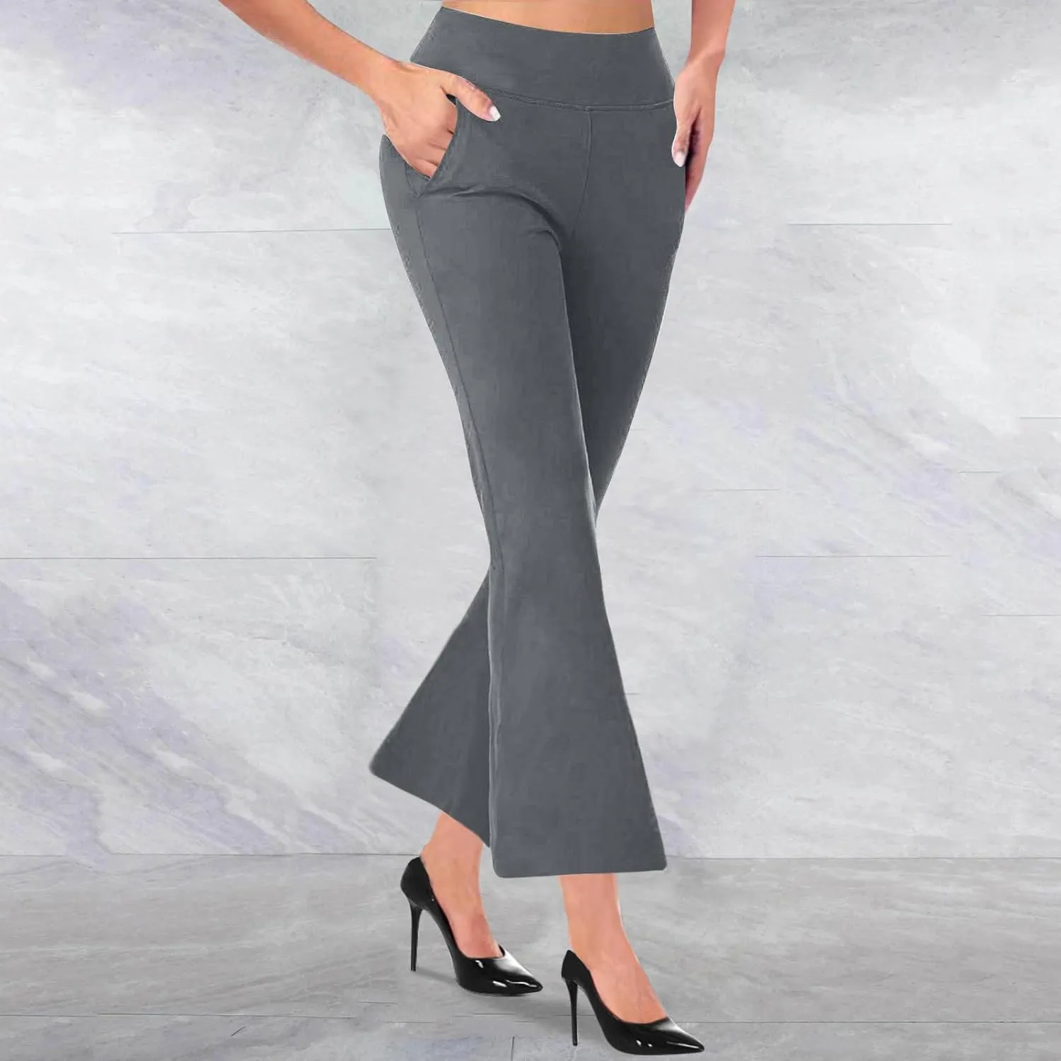 TANGNADE Women's Flare Cropped Work Pants Elastic High Waist Wide Leg Casual Slacks with Pocket Business Trousers