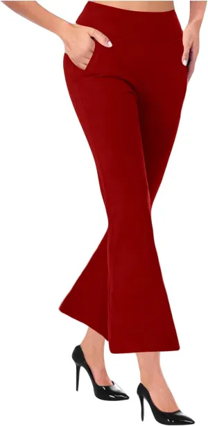 TANGNADE Women's Flare Cropped Work Pants Elastic High Waist Wide Leg Casual Slacks with Pocket Business Trousers