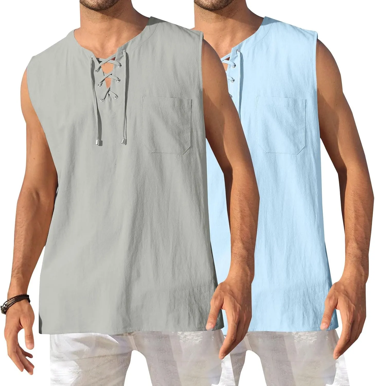 Tank Tops Men Cotton and Linen 2 Pc Sleeveless Beach Summer Casual Muscle Gym Workout Big and Tall Vest Fashion Shirts