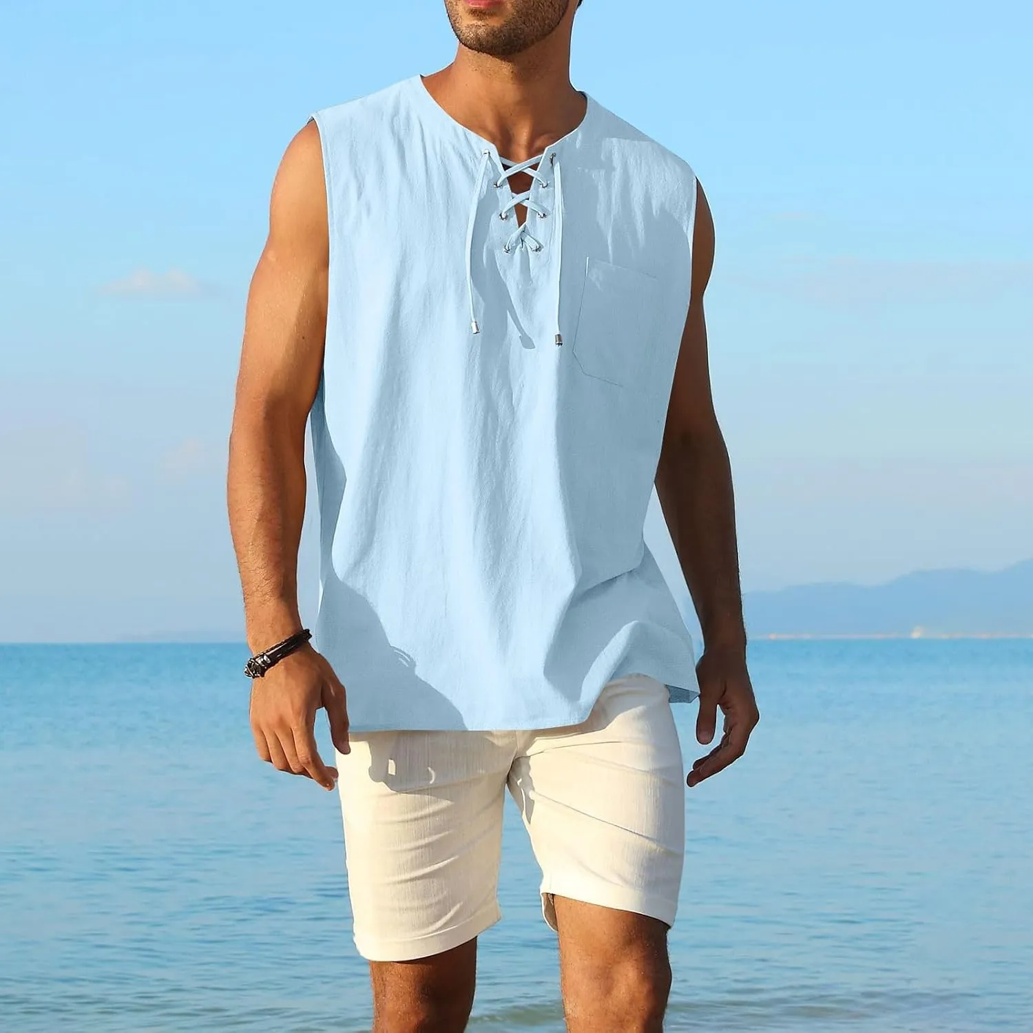 Tank Tops Men Cotton and Linen 2 Pc Sleeveless Beach Summer Casual Muscle Gym Workout Big and Tall Vest Fashion Shirts