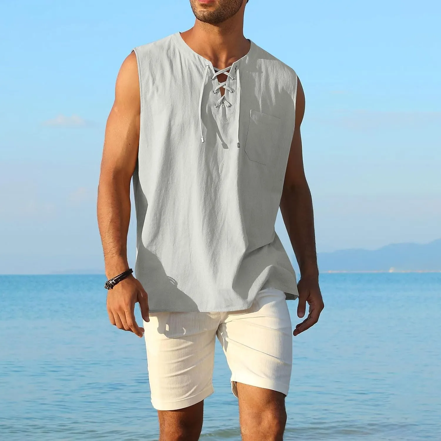 Tank Tops Men Cotton and Linen 2 Pc Sleeveless Beach Summer Casual Muscle Gym Workout Big and Tall Vest Fashion Shirts