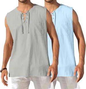 Tank Tops Men Cotton and Linen 2 Pc Sleeveless Beach Summer Casual Muscle Gym Workout Big and Tall Vest Fashion Shirts