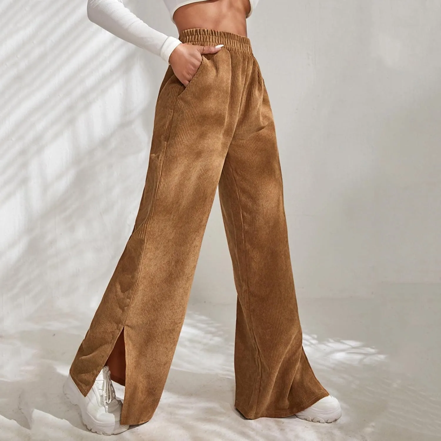 Temperament High Waist Women's Fashion Shows Thin Casual High Waist Loose Wide Leg Movement with Pocket Trousers