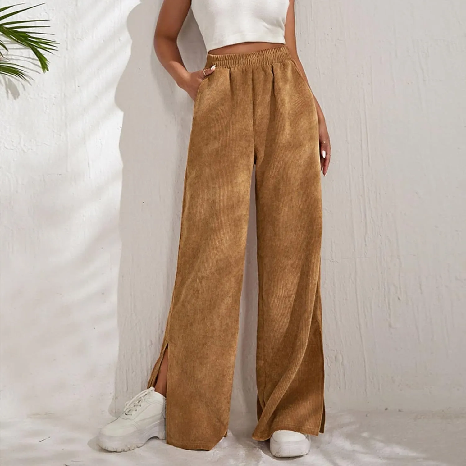Temperament High Waist Women's Fashion Shows Thin Casual High Waist Loose Wide Leg Movement with Pocket Trousers