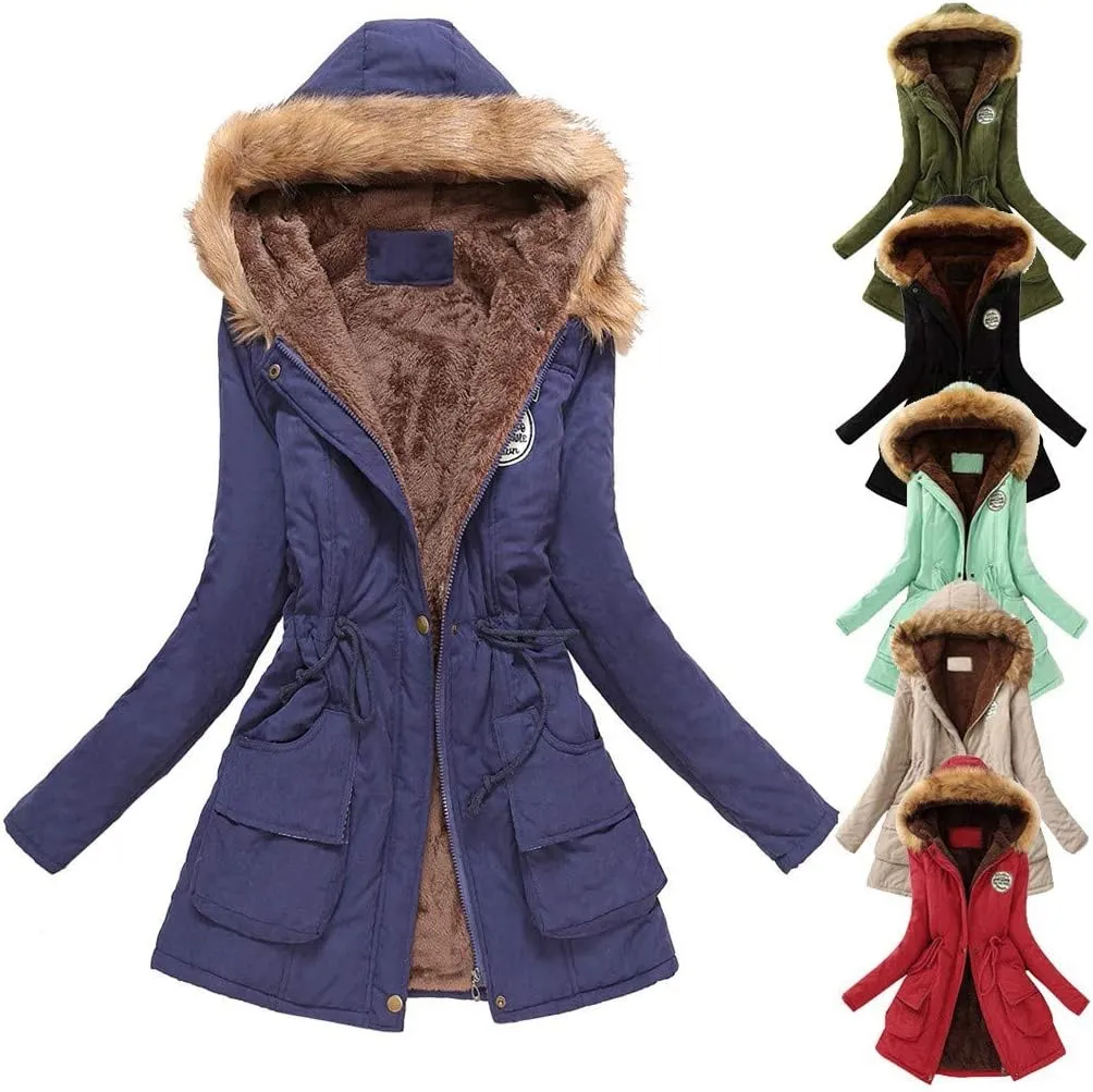 TIMIFIS Winter Jackets for Women Warm Thick Coats with Fur Hood Slim Down Coat Solid Color Outerwear Tops with Pockets