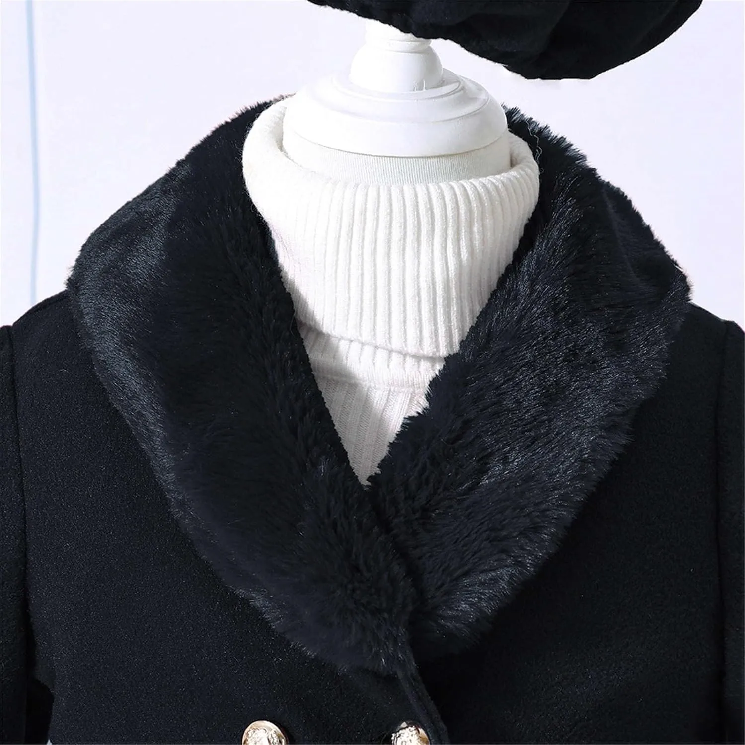 Toddler Kids Girls Trench Jacket Long Sleeve Furry Collar Warm Peacoat with Beret Hat Set for Casual Wear Coat
