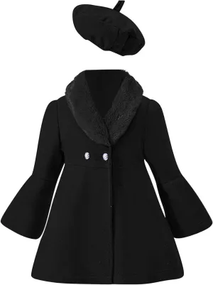 Toddler Kids Girls Trench Jacket Long Sleeve Furry Collar Warm Peacoat with Beret Hat Set for Casual Wear Coat