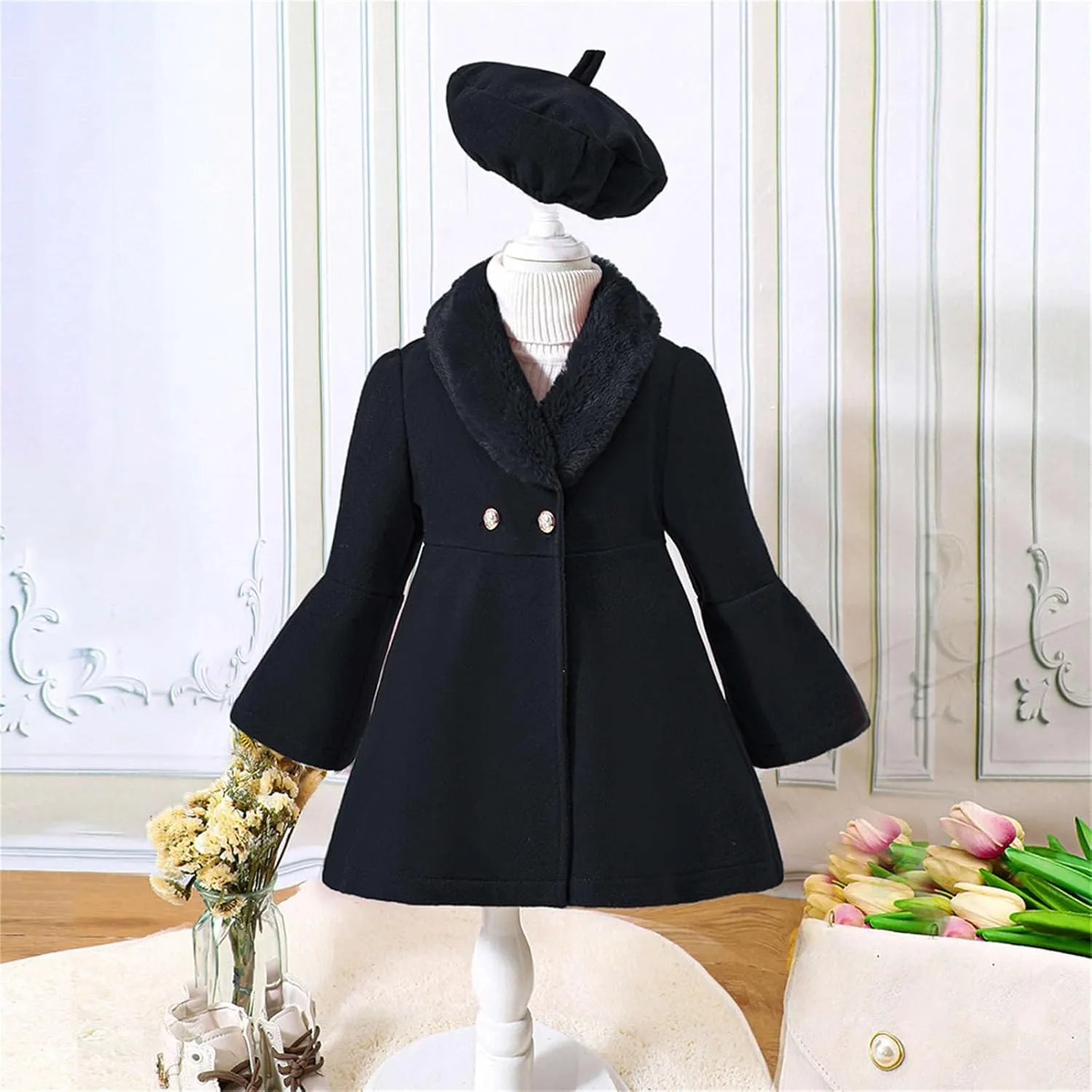 Toddler Kids Girls Trench Jacket Long Sleeve Furry Collar Warm Peacoat with Beret Hat Set for Casual Wear Coat